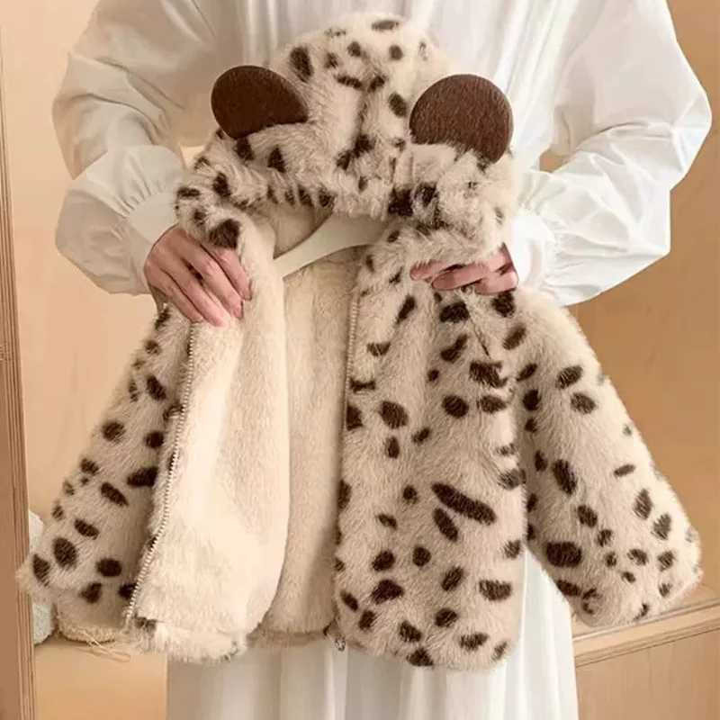 Kids Leopard Print Faux Fur Hooded Jacket Autumn Winter Double-Sided Plush Thick Warm Cotton Coat for Boys Girls 1-5 Years