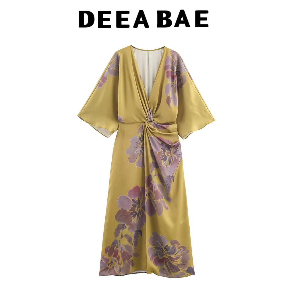 DEEABAE Französisches, tailliertes, bedrucktes Temperamentkleid mit langen Ärmeln, V-Ausschnitt, super beliebtes Strandurlaubs-Strandkleid