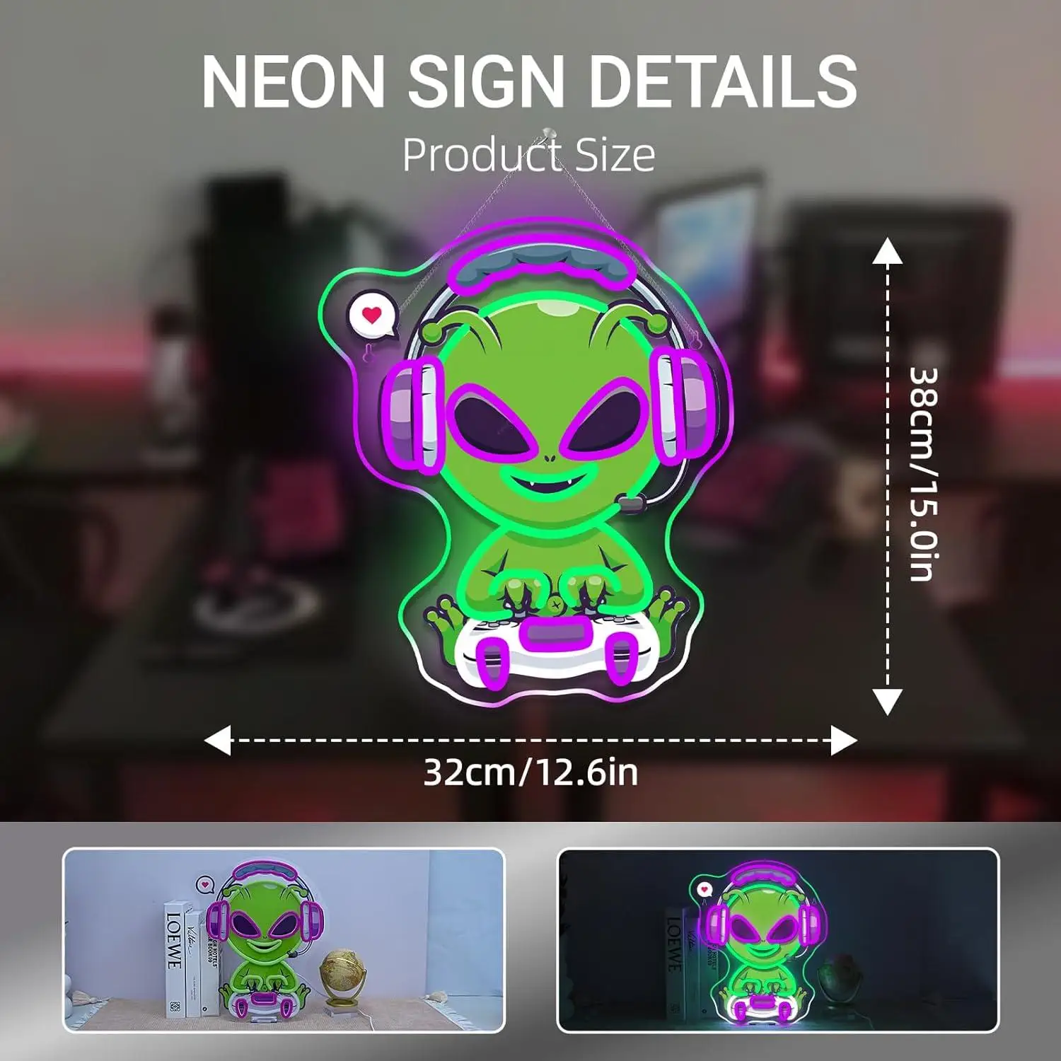 Alien Gamer Neon Sign USB Dimmable LED Neon Lights for Game Room Man Cave Zone Club Wall Art Decor Gifts for Gamer Teens Boys
