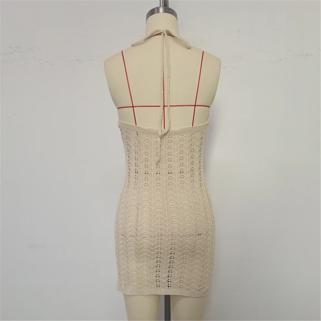Halterneck, rückenfreies, gehäkeltes, gestricktes Tunika-Strandkleid, Strandmode, Strandbekleidung, Strand-Cover-up, Damen, V6480 – Detail 14