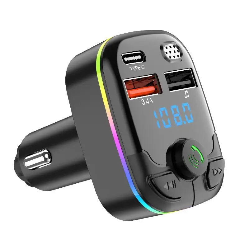 Car Charger Bluetooth 5.0 FM Transmitter Handsfree PD Type-C Dual USB Ambient Player MP3 Charger Type-C Wireless Light