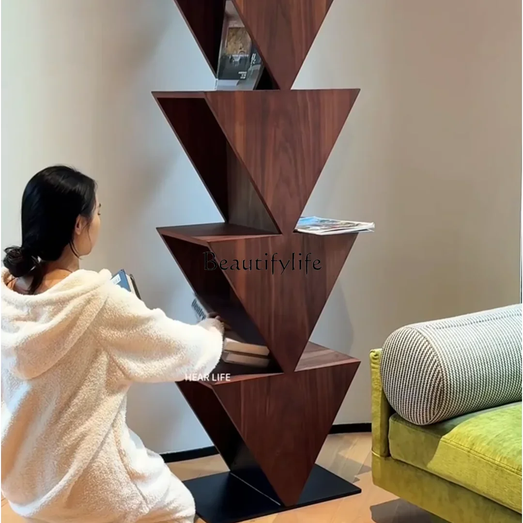 

01New medieval wabi-sabi wind triangle solid wood integrated bookshelf shelf