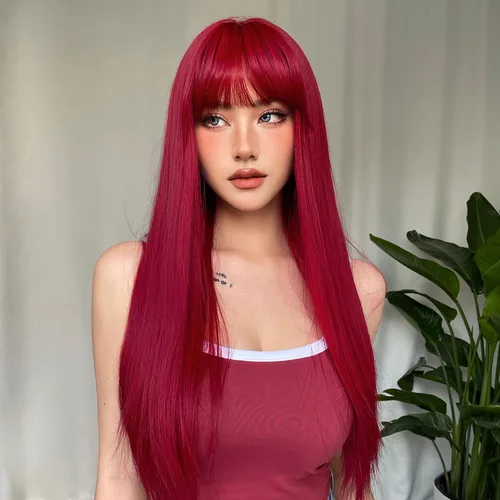 Imagen 2 del producto Pelucas sintéticas de color rojo vino claro con flequillo para mujer, peluca de pelo largo y liso, fiesta de Cosplay Natural resistente al calor