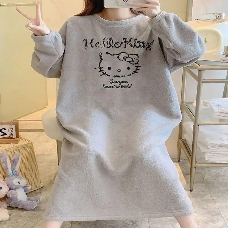 

Ночная рубашка Sanrio Hello Kitty из немецкого вельвета, больших размеров, для женщин, домашняя одежда, осень-зима, с длинным рукавом, с мультяшным дизайном