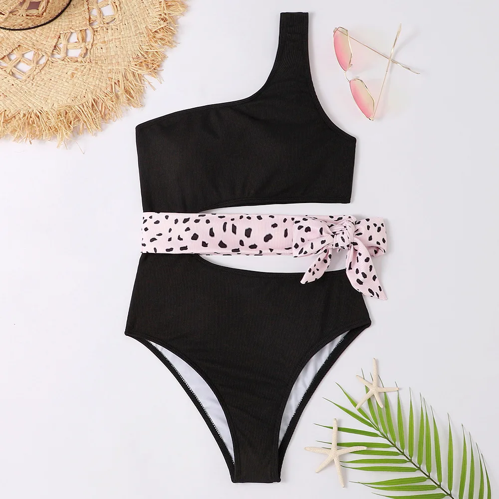 One-shoulder Swimsuit One Piece Swimsuit Ribbed Cut Out Tie Side Push Up Monokini Bathing Suit Bodysuit Beach Wear Female Outfit