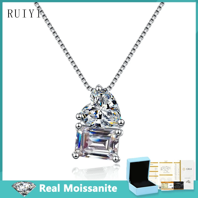 D Color 2cttw Heart Emerald Cut Moissanite Pendants Necklaces with GRA S925 Sterling Silver Diamond Necklace for Women Jewelry