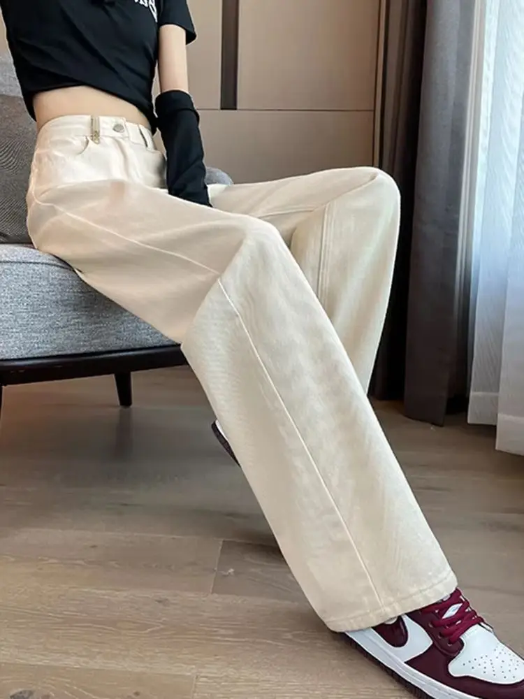 Beżowe, proste, eleganckie, postarzane jeansy damskie, nowość na wiosnę, klasyczne, z wysokim stanem, luźne, podstawowe, długie spodnie damskie z szerokimi nogawkami.