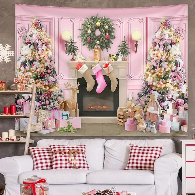 VIKAMA Christmas Window Sleigh Scene Wide Tapestry Hanging for Living Room Wall Art Cozy Aesthetic Warm Unique Home Decor