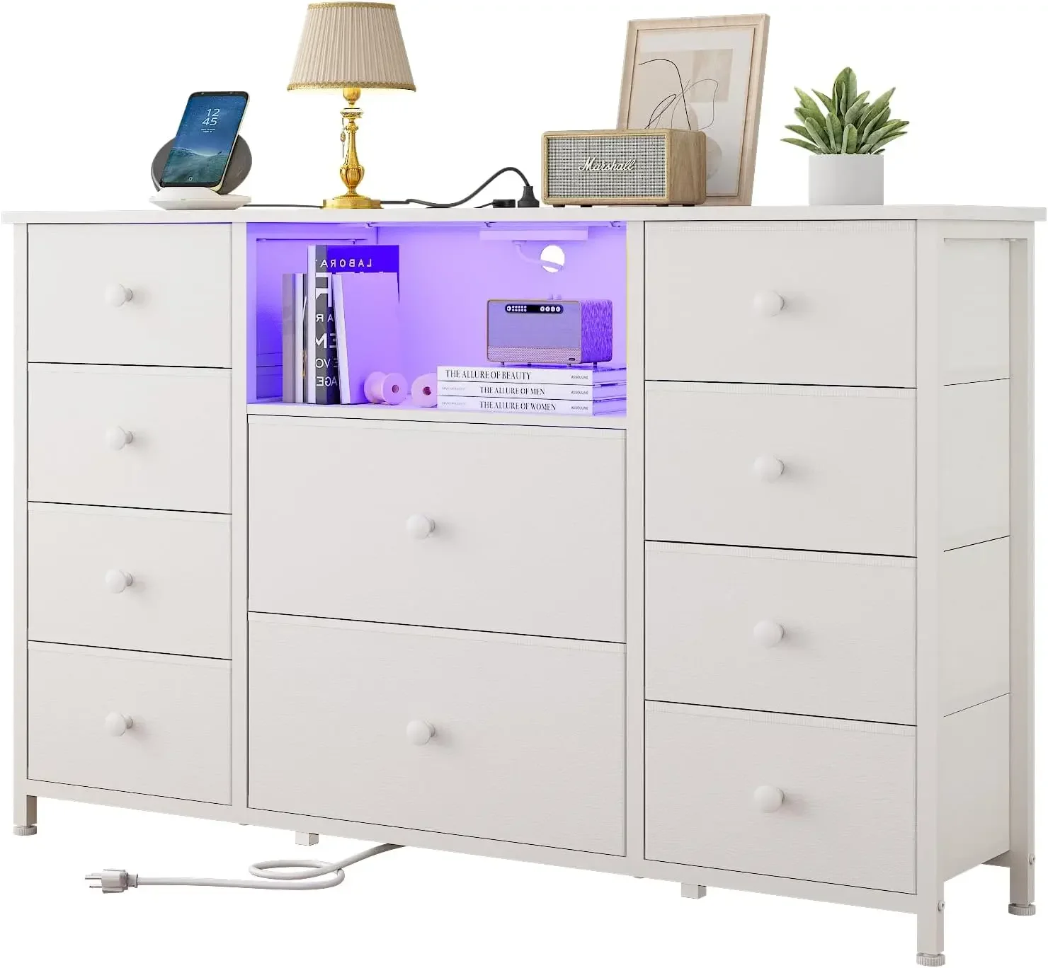 Dresser with Charging Station and LED Lights, Long Dresser for Bedroom Dresser TV Stand with 10 Drawers, Fabric Chest of