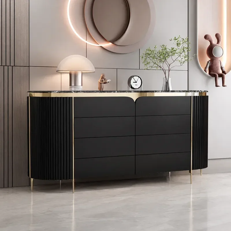 Modern Solid Wood Door Cabinet with Rock Slab Top Simple Living Room Partition Storage Unit for Bedroom Dining Room Side