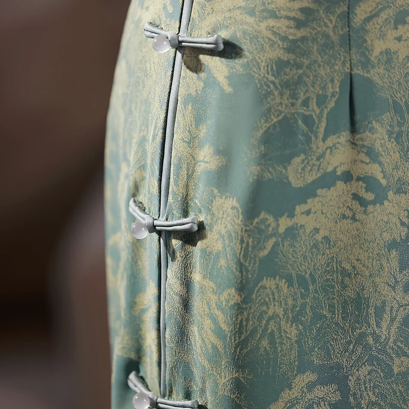 Gaun Qipao Panjang untuk Gadis Muda, Gaya Vintage, Motif Bunga, Belahan Rendah, Pakaian Sehari-hari, Serat Poliester, Musim Semi