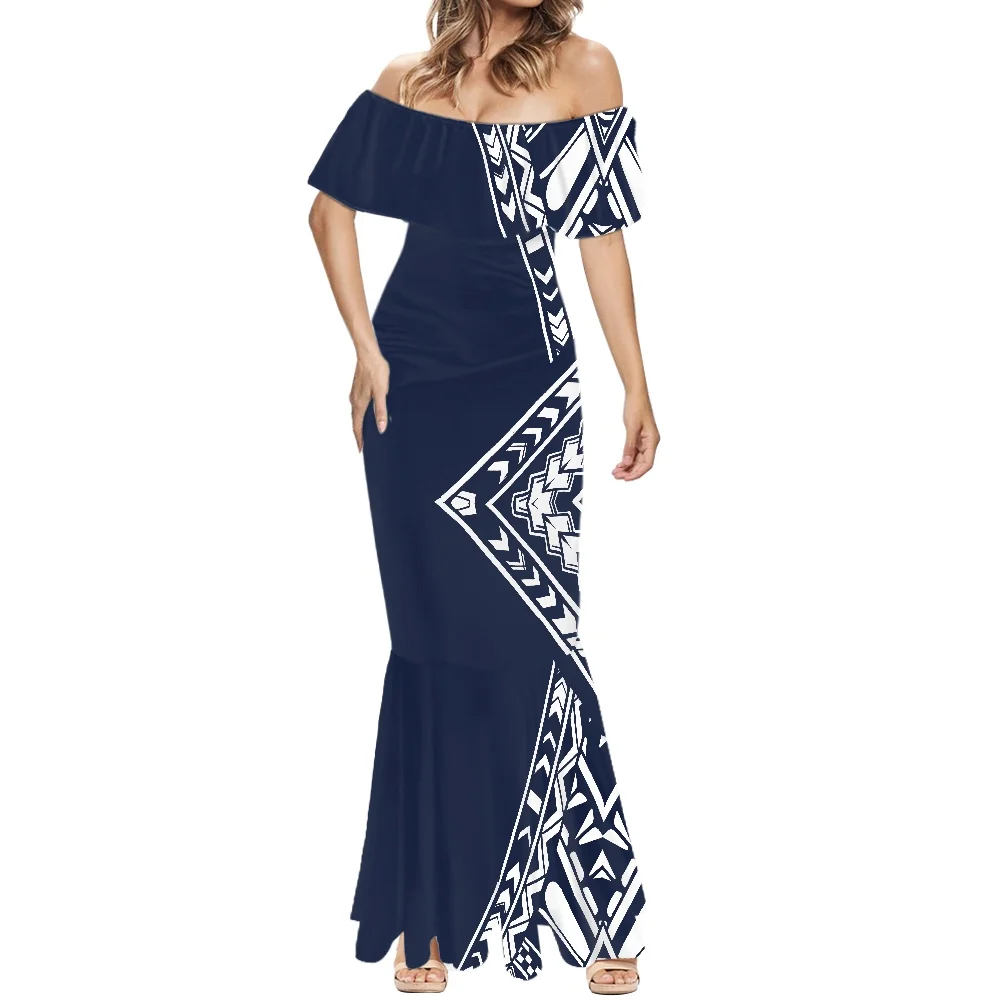 

HYCOOL Puletasi Samoan 7xl Wedding Guest Dress Long Bodycon Off Shoulder Navy Dress For Big Women Polynesian Tribal Women Dress