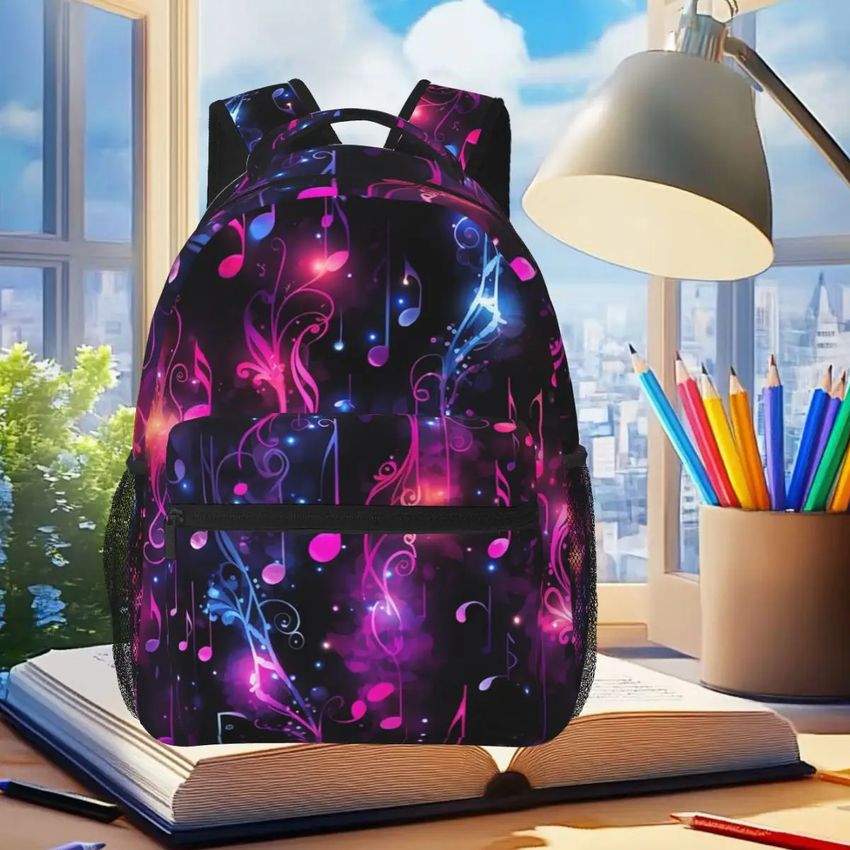 

Colorful Neon Musical Notes Pattern Backpack Student Boys Girls BookBag Children School Bag Laptop Shoulder Bags for Men Women