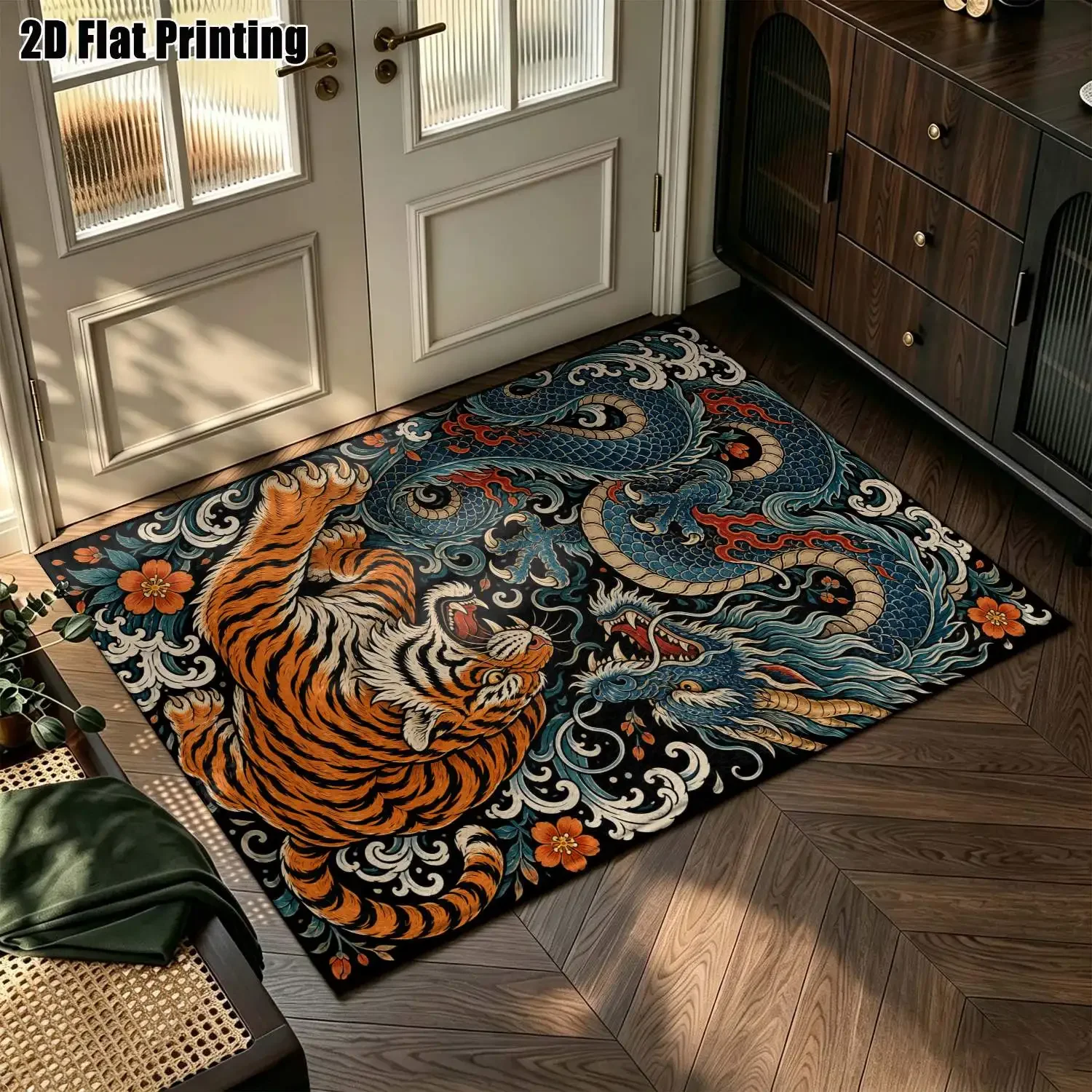 1Pc 2D Printed Carpet: Blue-Orange Dragon-Tiger Floral, Vintage, European, Bohemian, Geometric Striped Multi-Size, Machine Washa