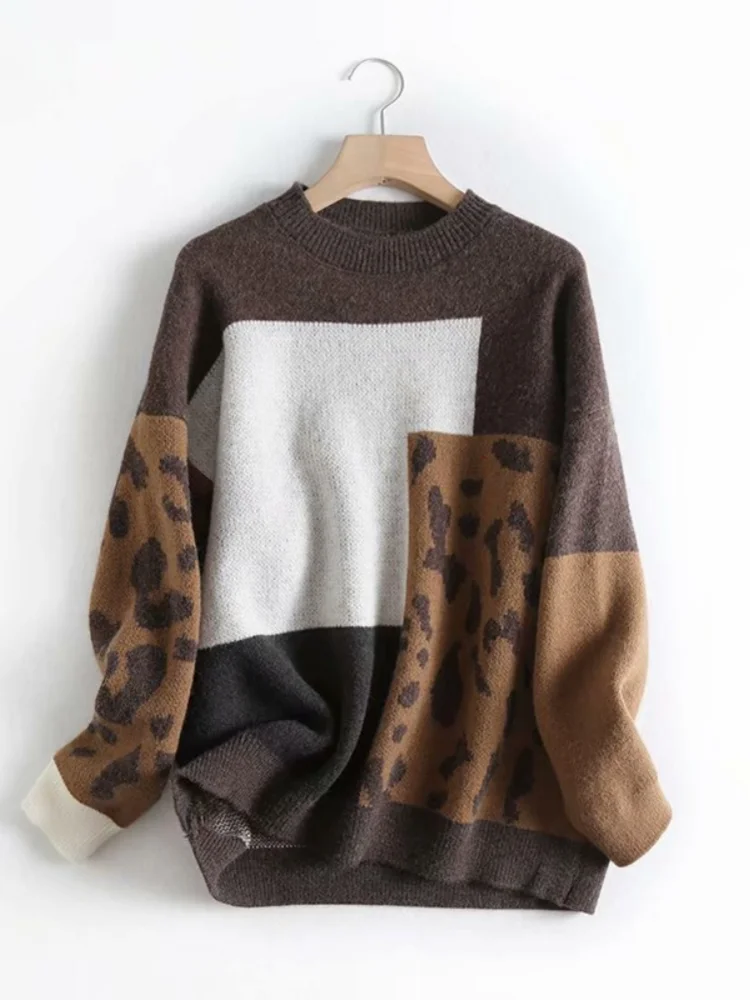 H.SA 2022 Women Vintage Leopard Pullover And Sweaters Winter Patchwork Brown Knit Jumpers Loose Style Korean Slim Pull Jumpers