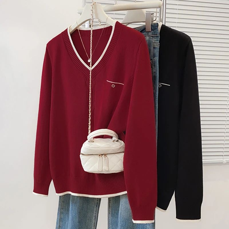 Camisola de malha de grandes dimensões pulôver feminino 2026 primavera manga longa com decote em v malhas topos elegante vintage chique senhoras jumpers
