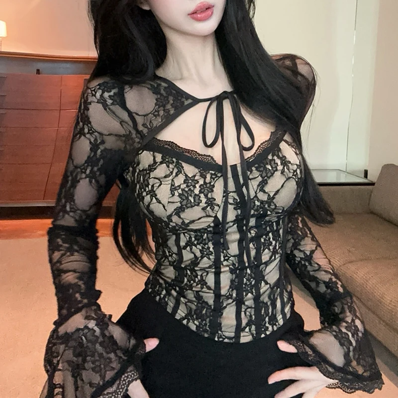 

Sexy Women Long Sleeve Sheer Lace Shirt Spring Autumn Slim Fit Crochet Blouse Fashion Bow Tie Hollow Out Tops