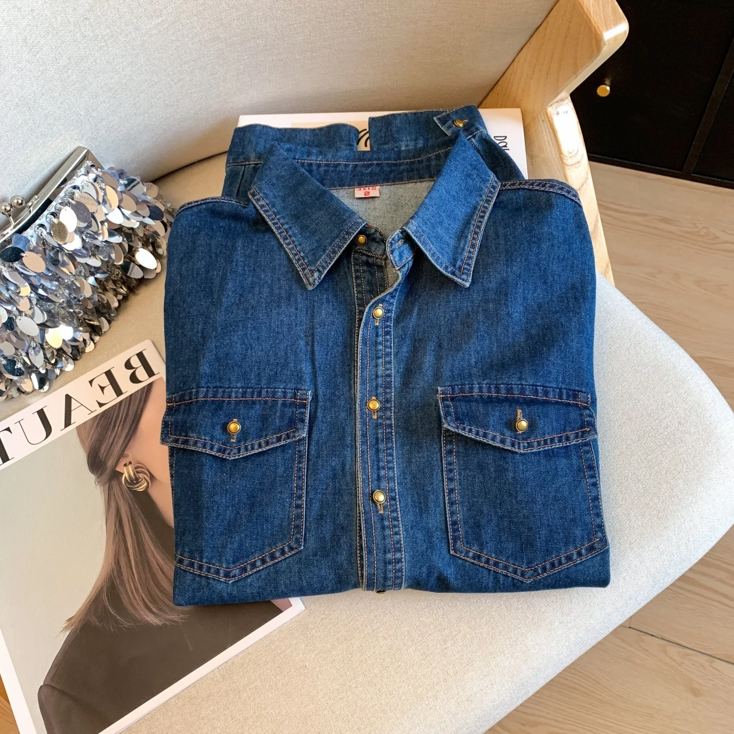

Loose Women's Denim irt Long Sve Retro Hong Kong Sle Gold Bule Casual Spring Autumn Layering Korean Sle Commute
