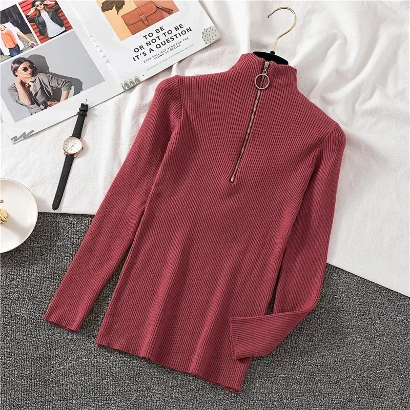 OCEANLOVE Zipper Half Turtleneck Sweater Women Solid Slim Autumn Winter Clothes Sueter Mujer Basic Fashion Pullovers 12605