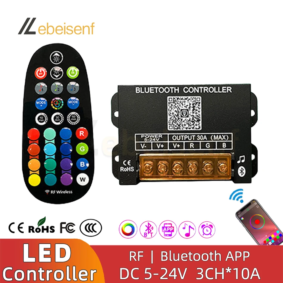 Smart Bluetooth RGB Dimmer Controller DC 5V 12V 24V 30A and 29-Key Wireless RF Remote for 5050 2835 COB Colorful LED Strip Light