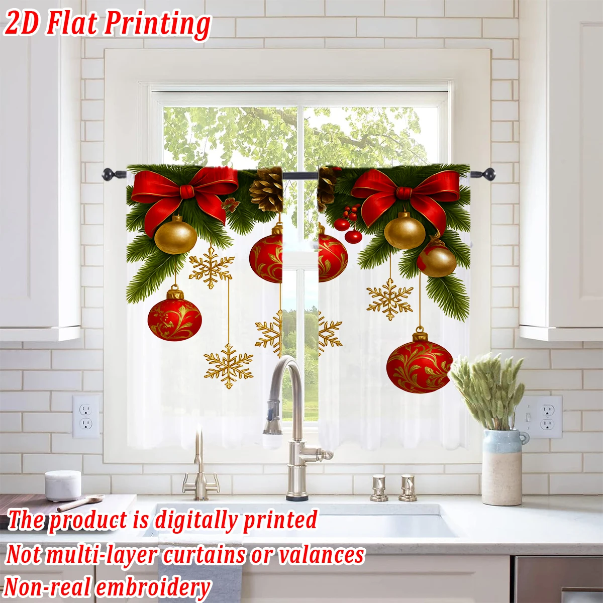 Christmas Flat Printing Kitchen Sheer Curtain with Merry Christmas Ball Bow Berry Pine Branch For Christmas Home Decor  Party