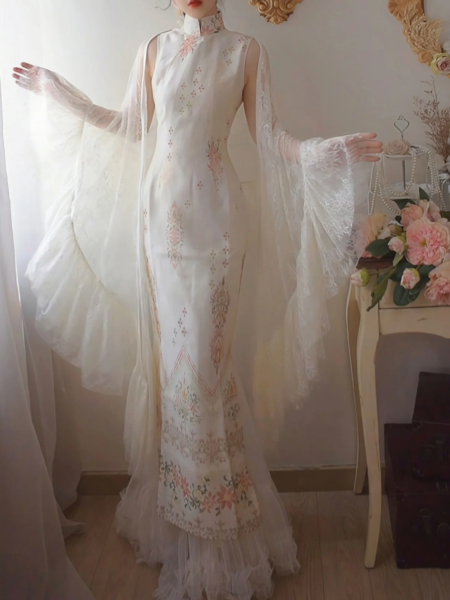 春夏レース大判ショール雰囲気のある休暇外出オーバーサイズベルスリーブメッシュパネルヴィンテージコートスタイル超ロング女性用