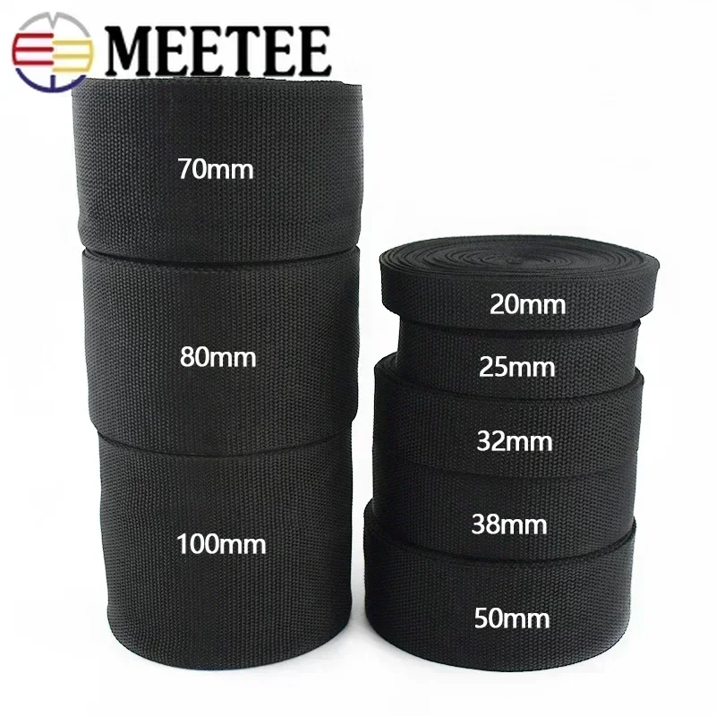 10M Meetee 20mm-100mm Black Polyester Webbing Band Backpack Strap Pet Collar Tape Belt Bag Sewing Bias Clothes Ribbon Accessory