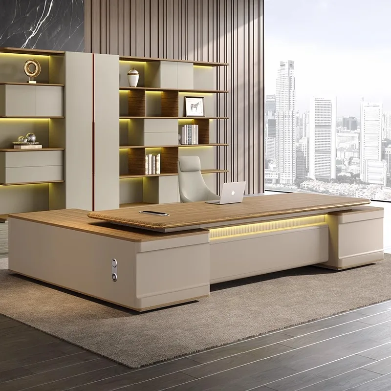 custom.Light Luxury High-End Desk and Office Chair Set Large Executive Desk with Simple Modern Design Panel Wood Style