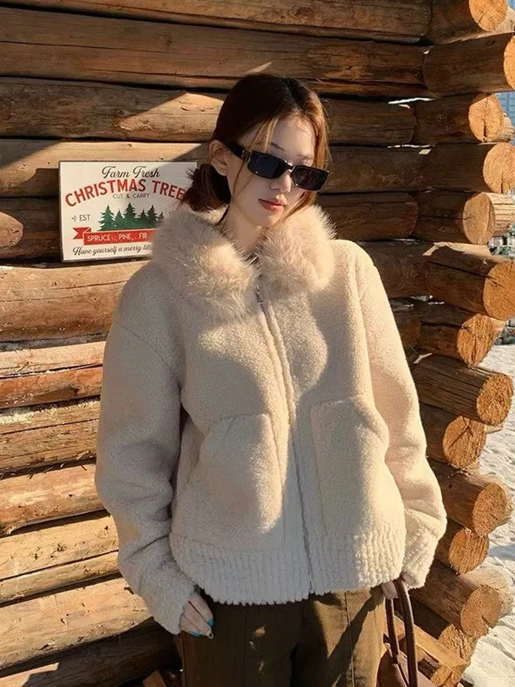 

Faux Fur Casual Coats Women Fur Collar Patchwork Loose Long Sleeve Sweet Jacket Preppy Zipper Pocket Autumn Winter Thick Outwear