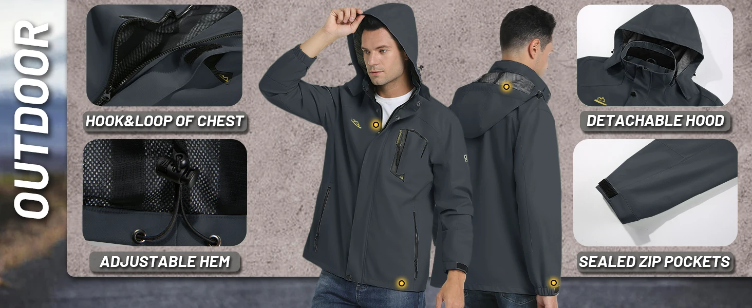 TACVASEN Lightweight Hiking Jackets Mens Waterproof Rain Jacket Mesh Lined Trekking Fishing Hiking Jacket Outdoor Windbreaker