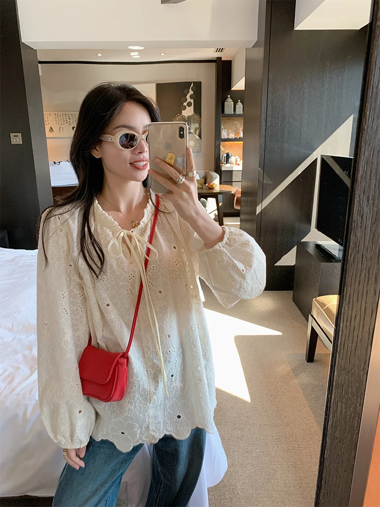 

Женская свободная блузка Gold Su One Long Sve с вышивкой и рюшами, в корейском стиле, осенняя мода, маленький размер, дышащий хлопок