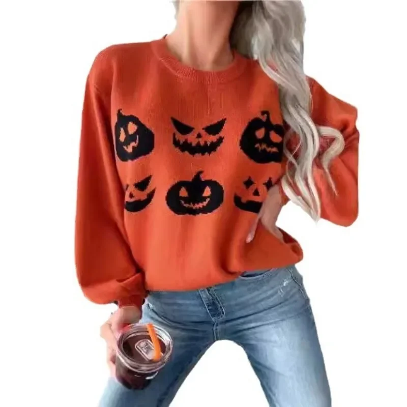 2024 European and American Women Orange Halloween Pumpkin Face Pattern Shoulder Knitted Loose Long Sleeve Sweater