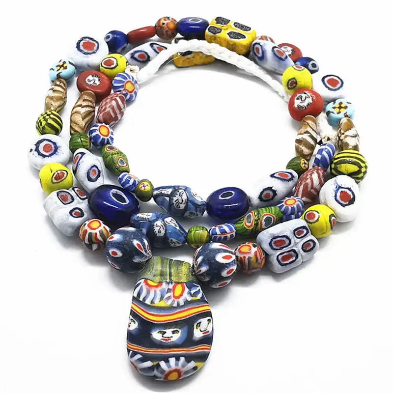 Western Asia Ancient Method Handmade Trade Beads Face Mask Glass Beads Strand Antique Colored Glaze Necklace For Girls TNL488