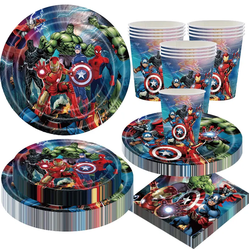 Ensemble de décoration de fête d'anniversaire sur le thème des Avengers de Marvel, gobelets, assiettes, serviettes, ballons de super-héros, fournitures de fête, cadeaux pour enfants