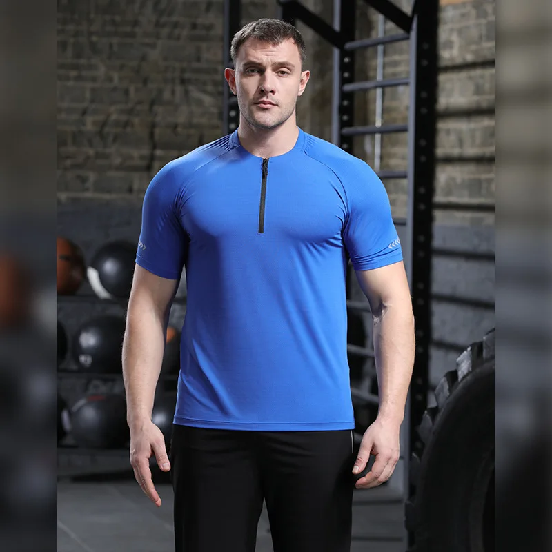Summer Men's Outdoor Stand Collar Half Zipper Sports T-shirt High Elastic Breathable Quick-drying Clothes Short Sleeves