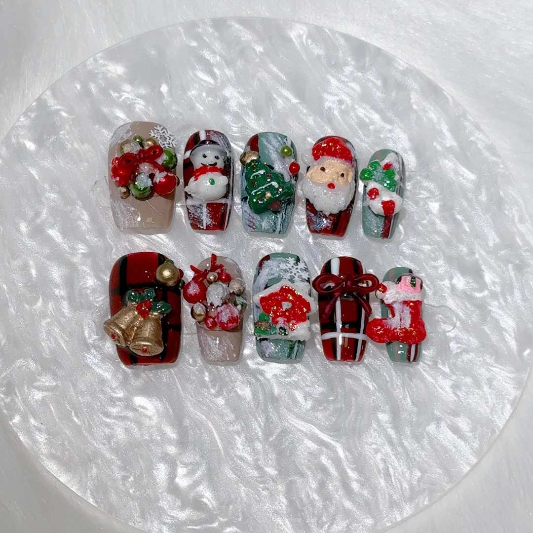 Christmas Press On Acrylic Nails Ręcznie robione sztuczne paznokcie 3D Christmas Tree Bow Decor Ballet Plaid French Fałszywe paznokcie Trumna do noszenia