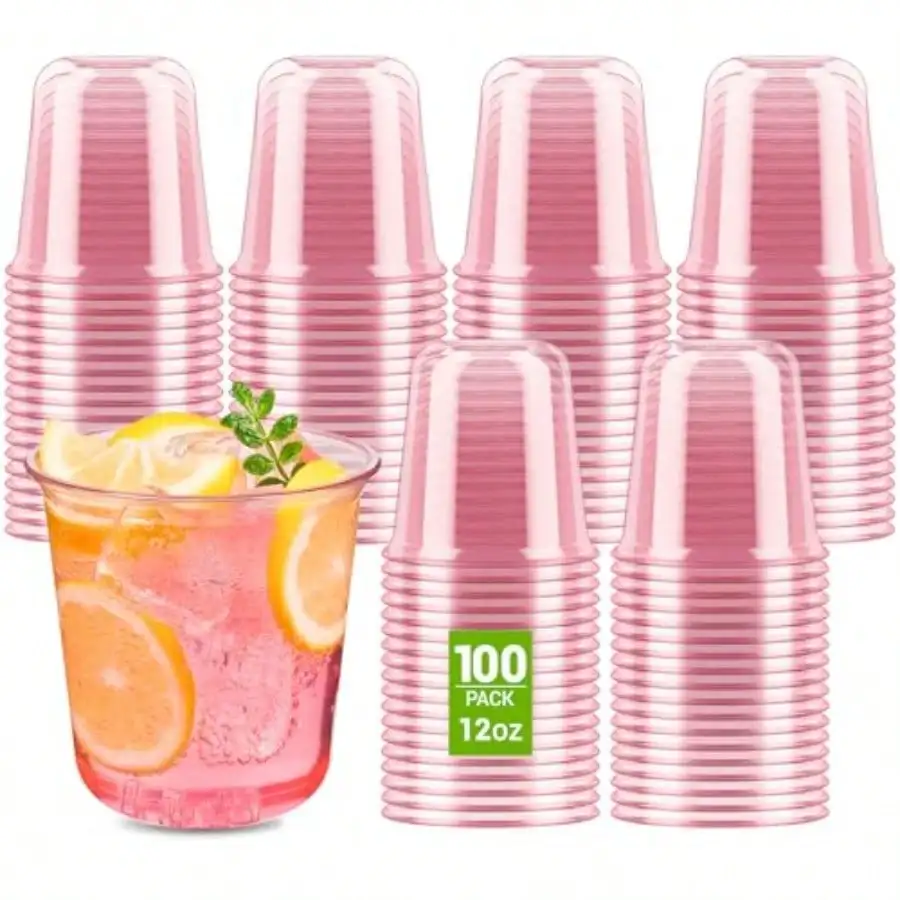 Oz Pink Plastic Cups, 50 Pcs Disposable Stemmed Wine Glasses, Crystal-Style Cocktail Cups for Cold Drinks, Perfect for Valentine