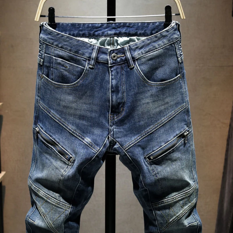 Street Designer Fashion Men Jeans Retro Blue Spliced Stretch Slim Fit Ripped Jeans Men Patched Hip Hop Denim Biker Pants Hombre