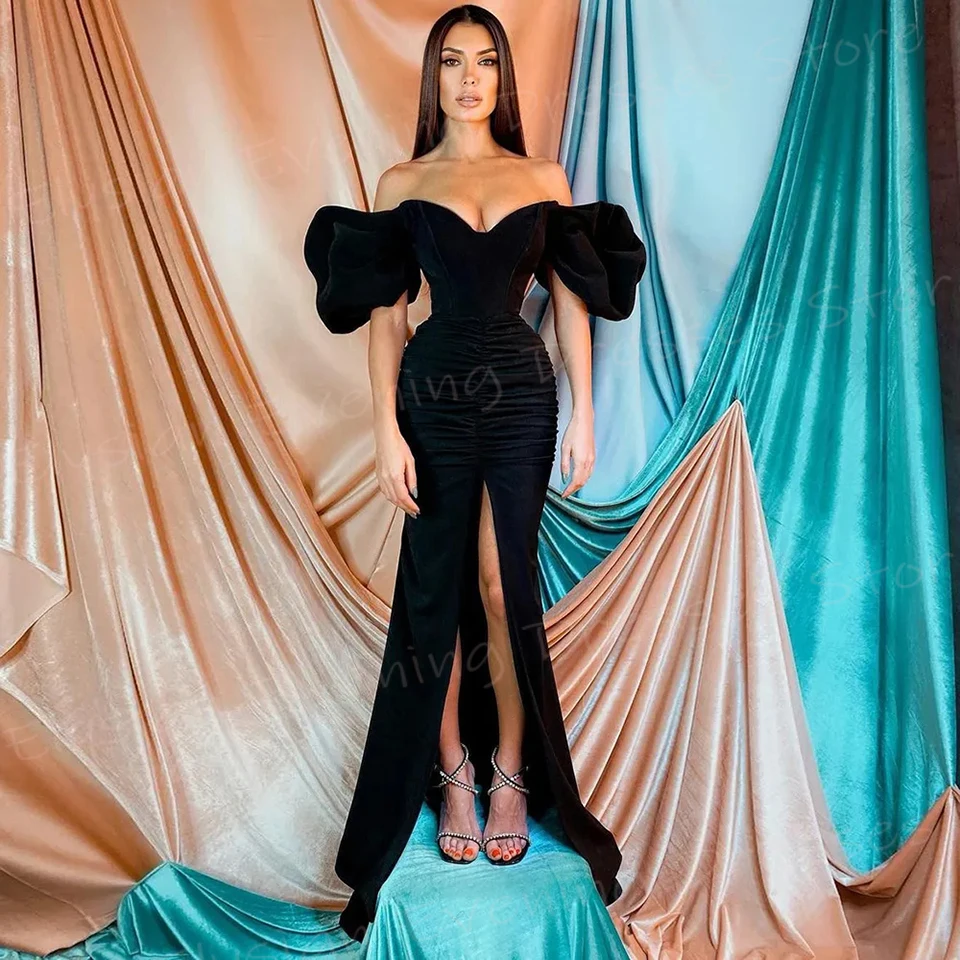 

Charming Sexy Black Women's Mermaid Classic Simple Evening Dresses Off the Shoulder Prom Gowns Front Split فساتين حفلة موسيقية