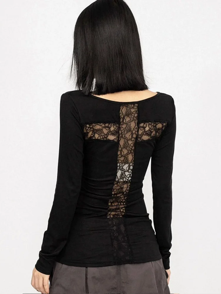 Back Cross Hollow Out T-shirt Woman Clothes Long Sleeve Korean Fashion Autumn Tops Slim Tees Female Clothing Y2k T Shirt