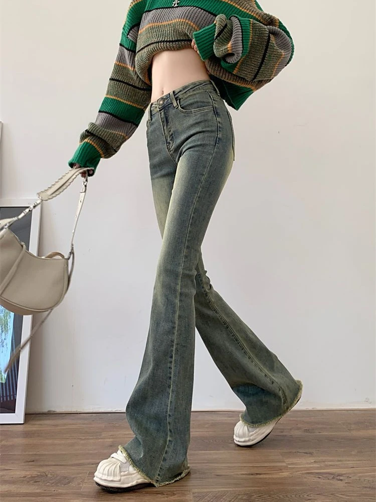 Flare Jeans Women Skinny High Waist Aesthetic Y2k Clothes Denim Trousers Vintage Washed Retro Mopping Korean Fashion Street New