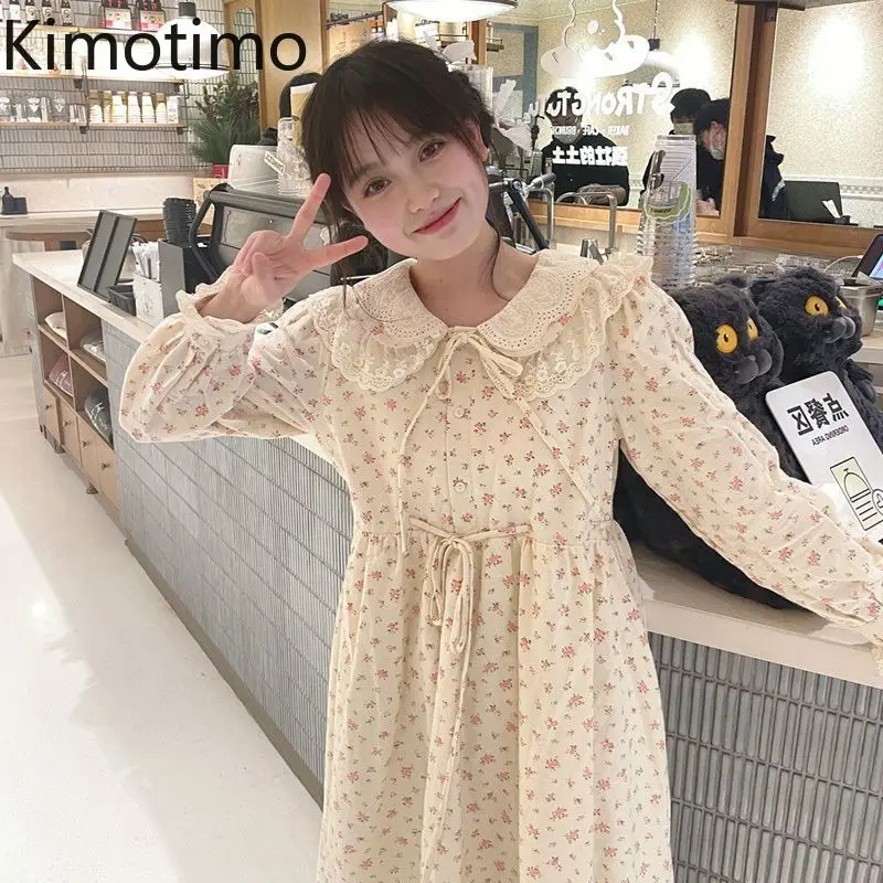 Kimotimo Spring Floral Fairy Dresses Women Japanese Sweet Lace Spliced Doll Collar Belt Waist Long Sleeve Dress Casual Vestidos