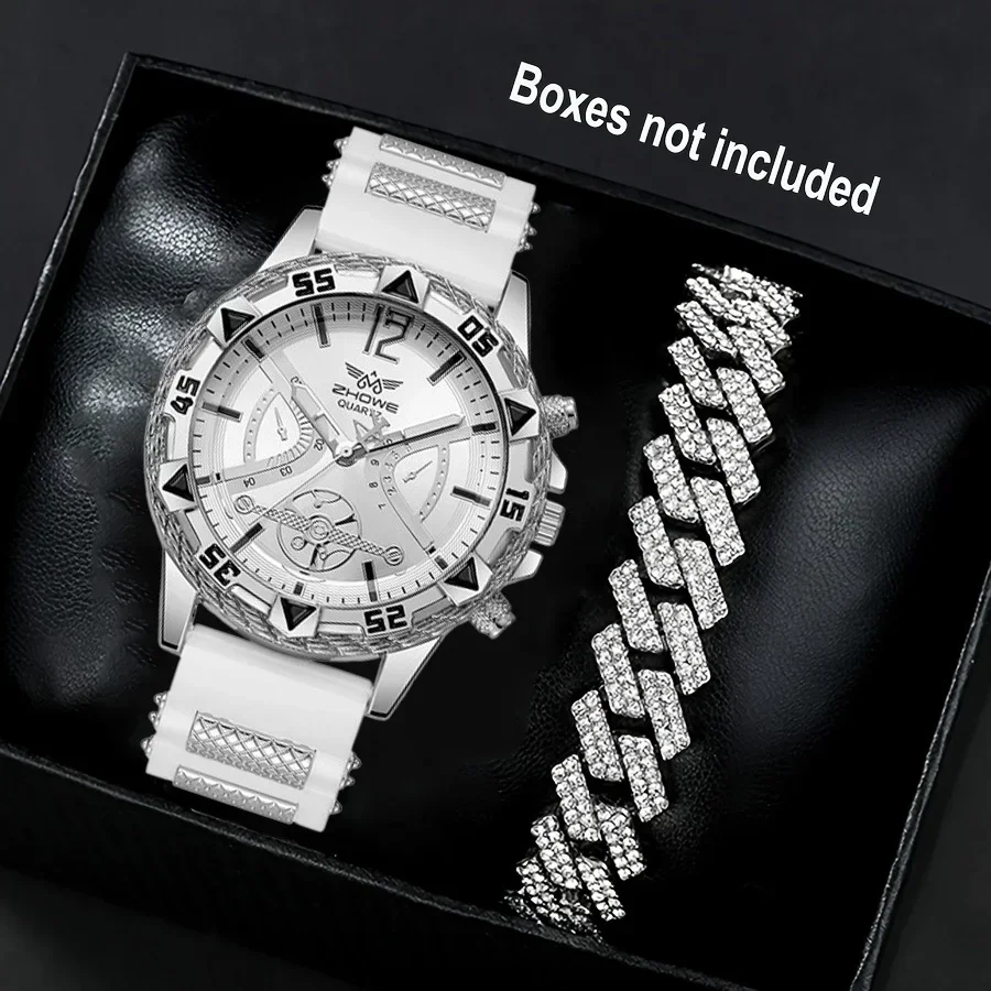 

Деловые 2 шт., мужские модные повседневные роскошные силиконовые ремешки с бриллиантовым кварцевым браслетом, набор наручных часов (коробка не входит в комплект)