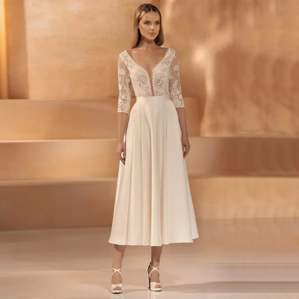 

Elegant Short Satin A-Line Wedding Dress with Three Quarter Sleeves Appliques Lace V-Neck Tea Length Bridal Gowns Customized