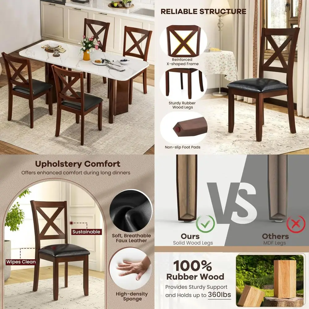 

4 черных кожаных обеденных стула с высокой спинкой и ножками из массива каучукового дерева, подходят для современных кухонь века, максимальная нагрузка 360 фунтов, идея