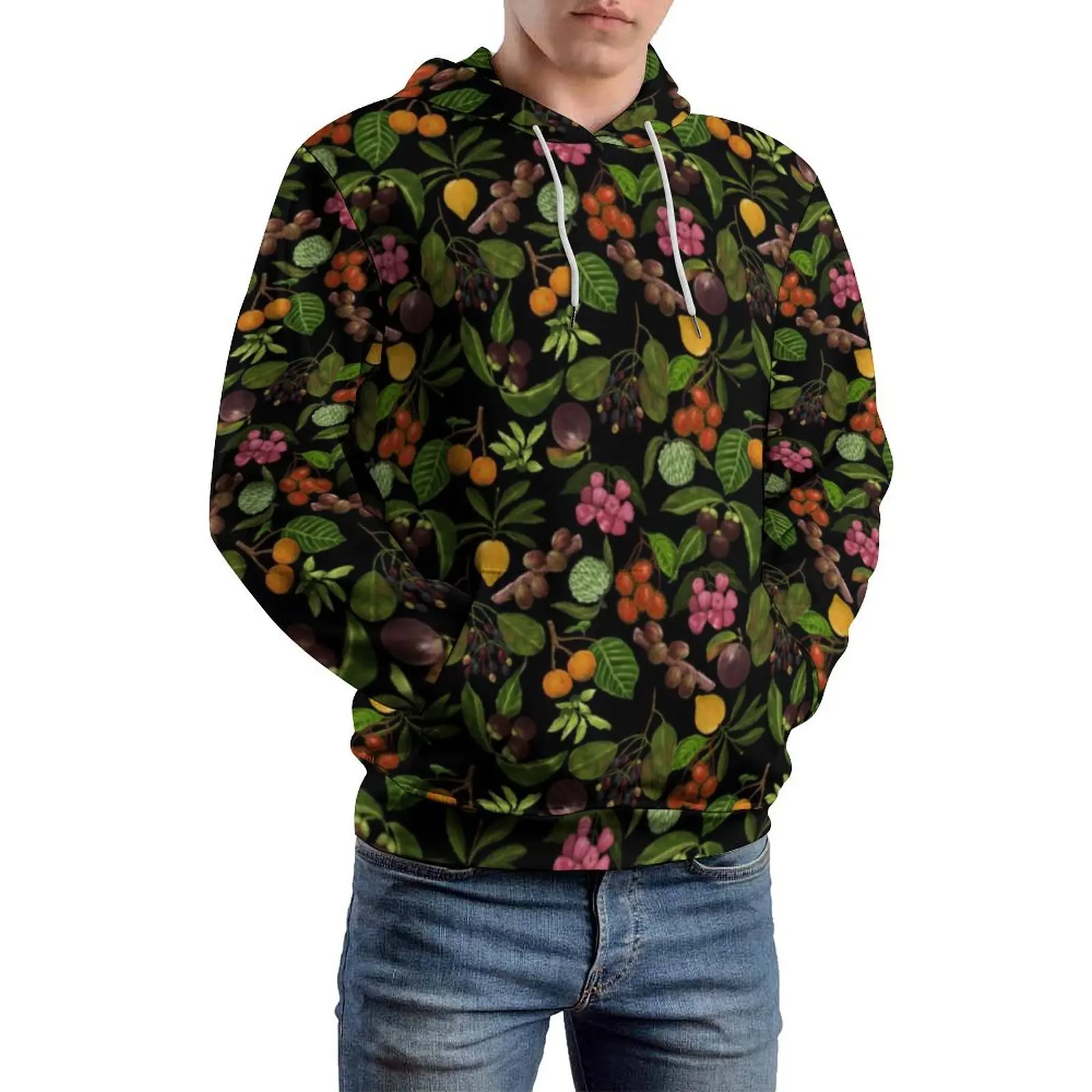 

Tropical Fruit Loose Hoodies Green Leaves Print Y2k Hoodie Men Long Sleeve Oversize Street Wear Printed Tops