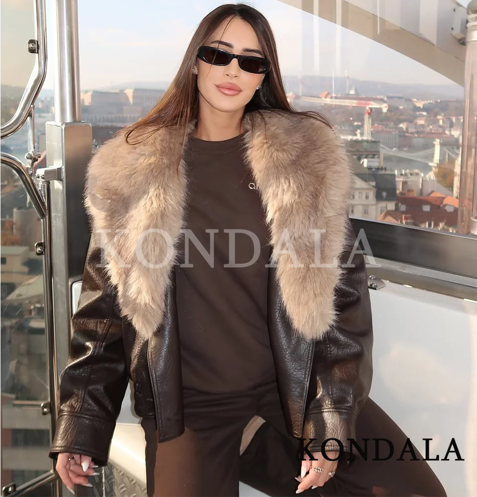 

KONDALA осенне-зимняя кожаная куртка с меховым воротником, женская элегантная куртка на пуговицах из искусственного меха, модное женское уличное пальто 2025 года