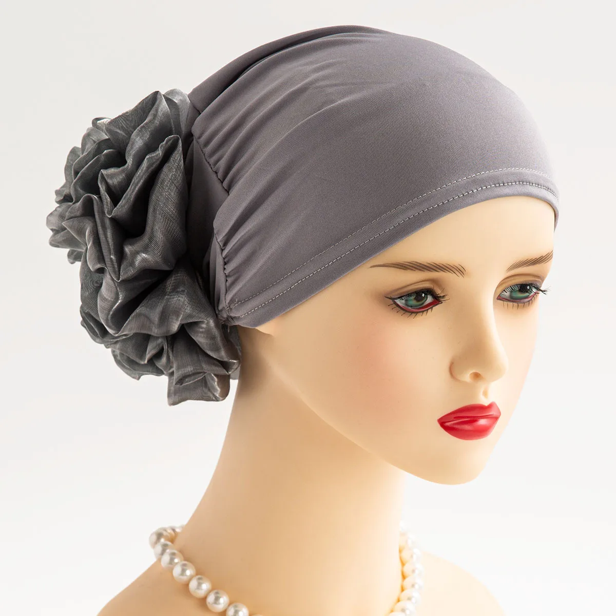 Women Fashion Big Flower Turban Elastic Cloth Hair Bands Hat Beanie Ladies Muslim Solid Hair Loss Scarf Cap Hair Accessories