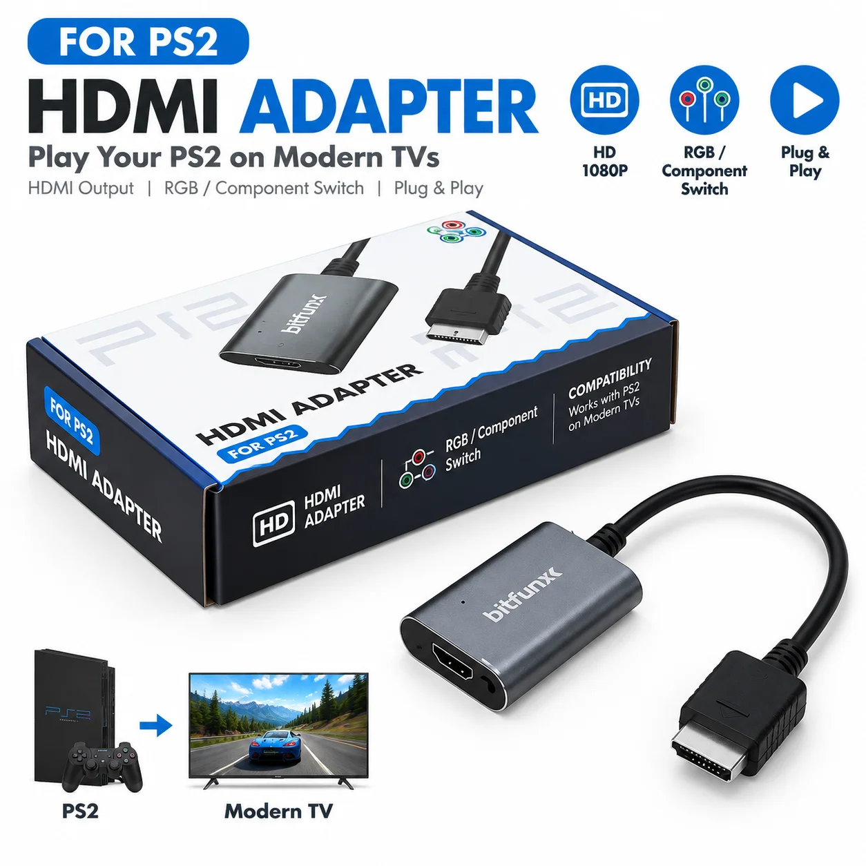 HDMI-compatible Adapter Cable for PS2 with RGB/Component Switch, Connect PS2 Console to Modern HD TV