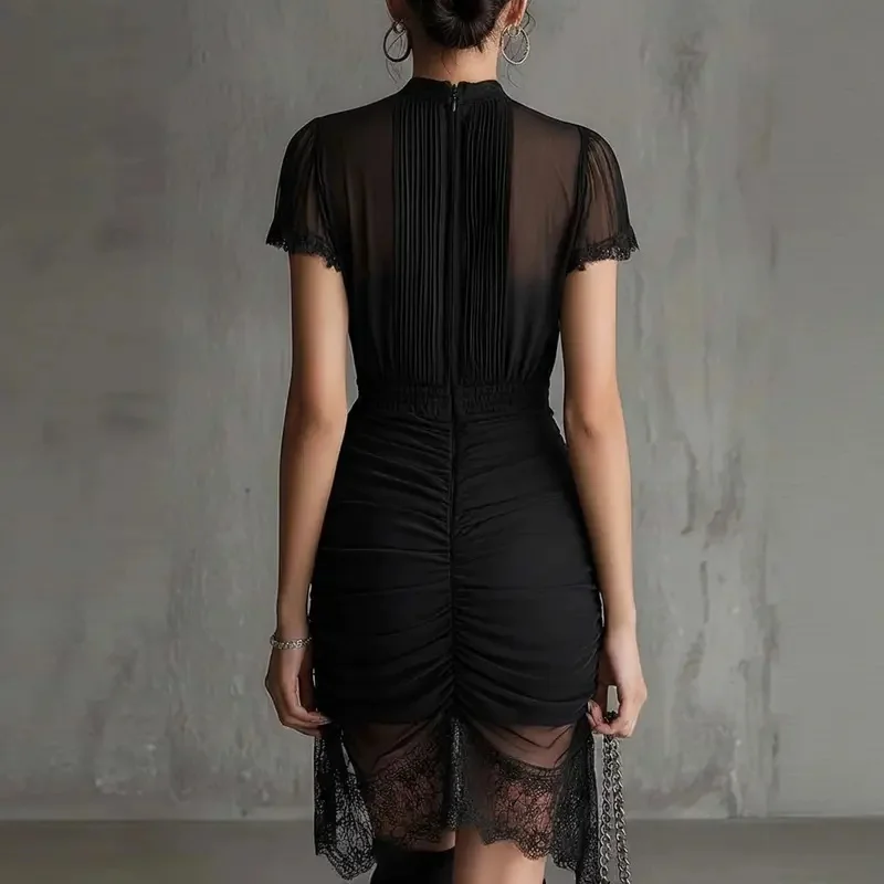 Women's Mini Dress Half High Collar Lace Trim Short Sleeve Drawstring Ruched Bodycon Dress Elegant Night Out Party Short Dress